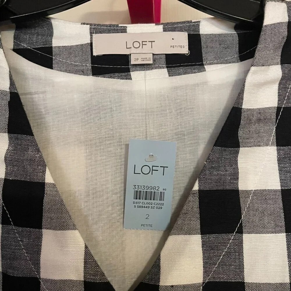 NWT LOFT Gingham Button V-Neck Dress Puff Short Sleeve Black White Size 2 Petite - Picture 6 of 8